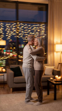 Senior couple dancing closely inside cozy apartment decorated with warm lights, authentic active aging concept showing independence confidence value value value value value value value