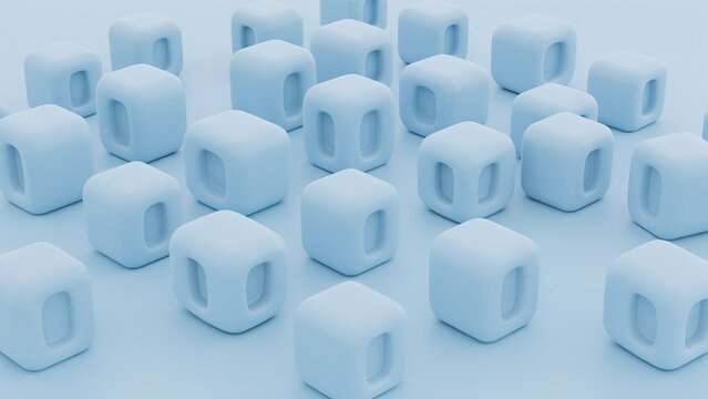 Light blue 3d cubes with rounded edges arranged in a grid pattern