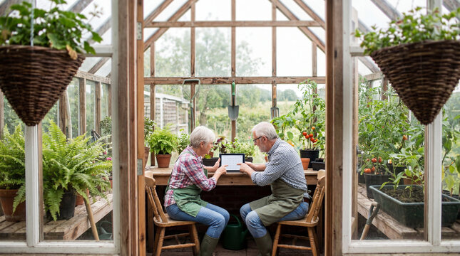 Senior couple reviewing digital planting calendar together inside productive greenhouse, authentic active aging concept showing independence value value value value value value value