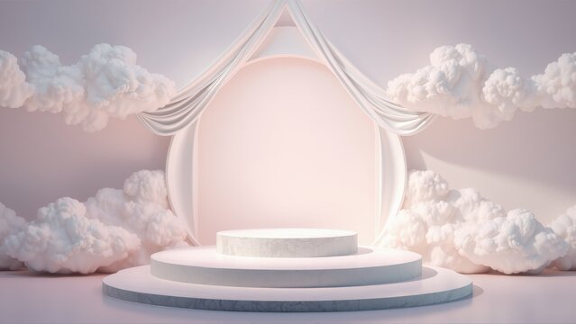Minimalist stage design. Soft lighting, clouds surround pedestal. Dreamlike, elegant presentation space. Perfect product showcase.