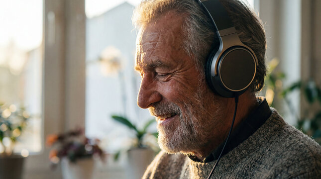 Smiling senior man enjoying music through over ear headphones at home, authentic active aging concept showing independence confidence value value value value value value value value
