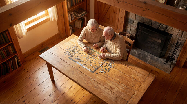 Senior couple assembling complex jigsaw puzzle together inside rustic cabin, authentic active aging concept showing independence confidence value value value value value value value