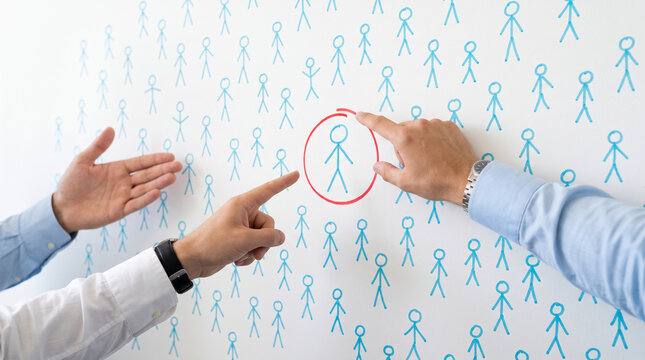 Hand pointing at a circled stick figure among many, symbolizing selection, identification, or a target in a crowd, representing business choice or strategy