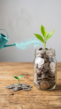 A plant grows from a jar filled with coins, as a watering can showers it with glowing water, symbolizing financial growth and investment.