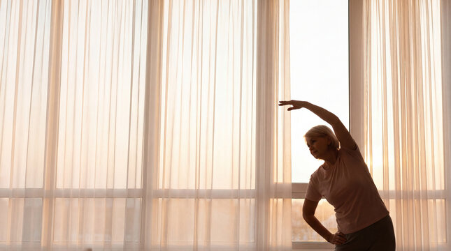 Senior woman performing gentle side stretch beside warm sunlit window, authentic active aging concept showing independence confidence value value value value value value value value