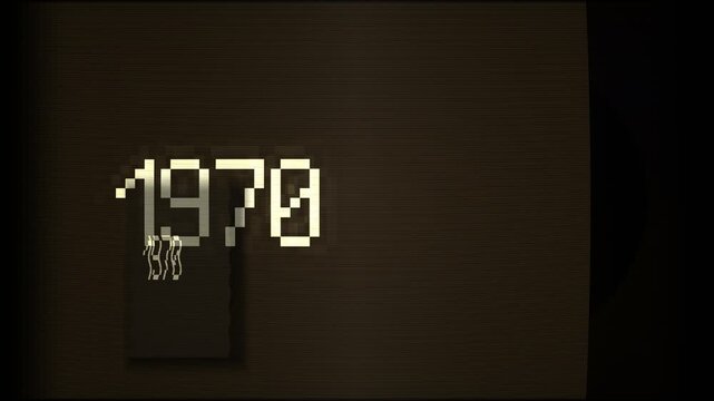 White pixelated text 1970 typing out on a retro computer monitor screen. A blinking cursor indicates active input. This old-school digital aesthetic evokes nostalgia for early computing.
