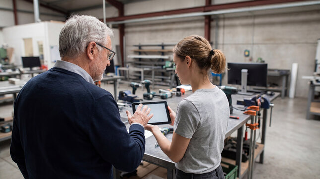 Senior professional mentoring younger worker with tablet inside industrial workshop, authentic active aging concept showing independence daily value value value value value value value