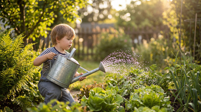 Young boy watering vegetables in sunny garden, showing childhood learning, sustainable living, home gardening, responsibility, outdoor education, family food growing, Commercial, concept