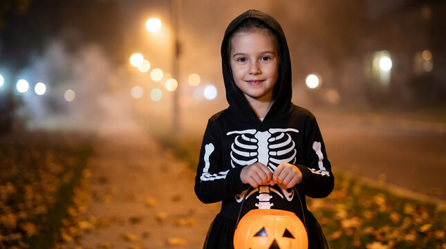Smiling child wearing skeleton costume holding pumpkin bucket outdoors at night representing Halloween trick or treat childhood fun festive costume neighborhood celebration with practical