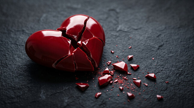 Shiny red broken heart on dark surface, symbolizing sadness, heartbreak, and loss, suitable for emotional concepts or Valentine's Day themes