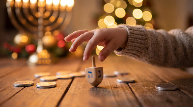 Child hand spinning wooden dreidel beside coins during warm holiday celebration, showing cultural tradition, family game, festive learning, seasonal joy, religious heritage, Commercial