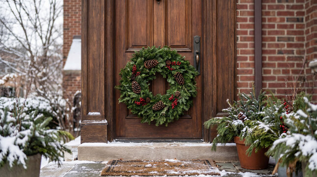 Evergreen Christmas wreath with pinecones red berries hanging on wooden front door surrounded by snowy plants creating festive welcome concept for winter home decor holiday hospitality