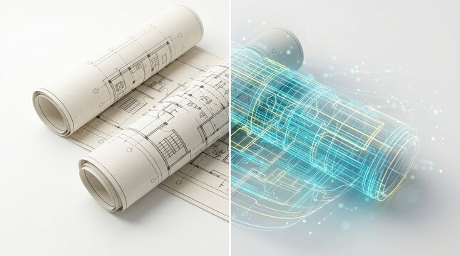Architectural Blueprint Evolution: Traditional Paper Meets Digital Holographic Design