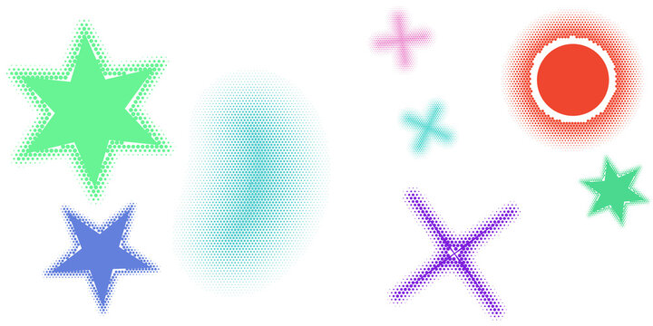 Colorful hand drawn doodle star shapes and halftone circle design elements isolated on transparent background