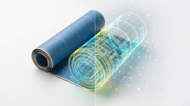 Blue Blueprint Transitioning to Holographic Digital Design Projection