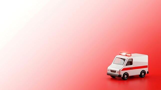A small toy ambulance vehicle isolated on a bright red background with a soft white gradient