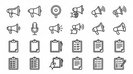 Fototapeta premium Businesswoman Holding a Megaphone and Clipboard for Marketing Campaigns. Female professional presenting ideas with communication tools.