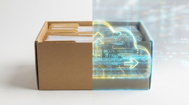 Cardboard Archive Box Transforming to Digital Cloud Data Storage