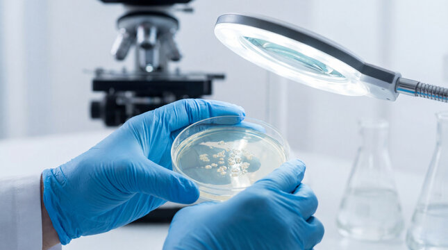 Scientist examining microbial culture dish with magnifying lamp in laboratory, biomedical research, contamination testing, diagnostics, sterile analysis, suitable for editorial themes,