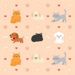 Obraz premium Cute cartoon cats and dogs seamless pattern vector illustration with pets, hearts, paws, and stars on a beige background