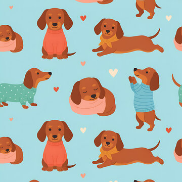 Cute cartoon dachshund dogs seamless pattern vector illustration with puppies wearing sweaters and hearts on a blue background