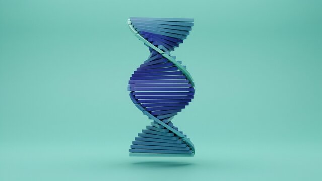3d render of a blue dna double helix structure on a teal background