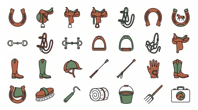 Set of horse riding and equestrian icons for design projects. Collection of detailed horse, saddle, and riding gear symbols for creative use.