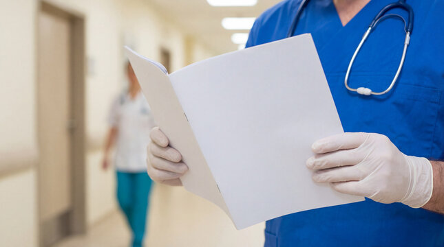 Healthcare professional reviewing blank patient folder in hospital corridor representing medical records clinical workflow diagnosis planning professional care showing authentic everyday