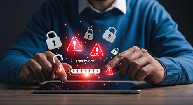 Cybersecurity Threat Alert Password Hacking and Data Breach Concept.