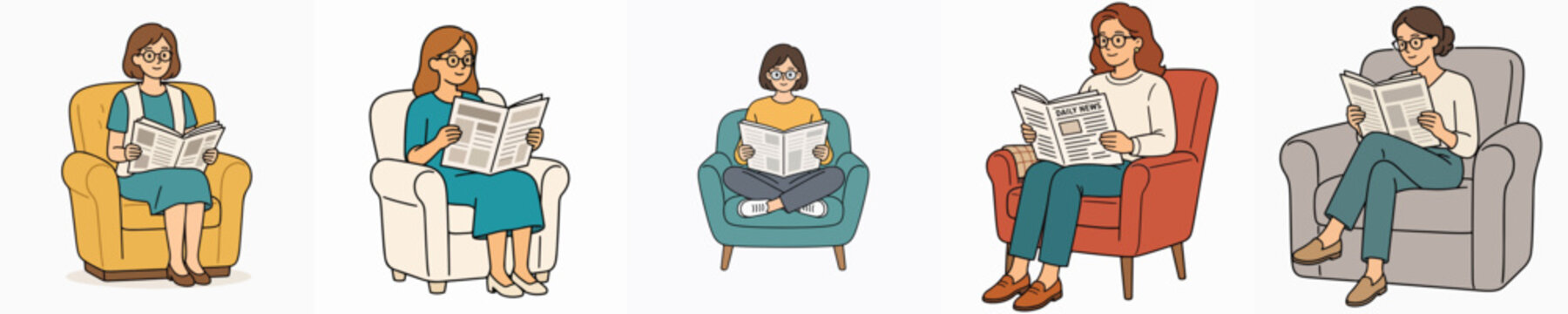 Set of vector illustrations of a woman reading a newspaper while sitting on a chair.