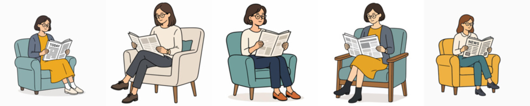 Set of vector illustrations of a woman reading a newspaper while sitting on a chair.