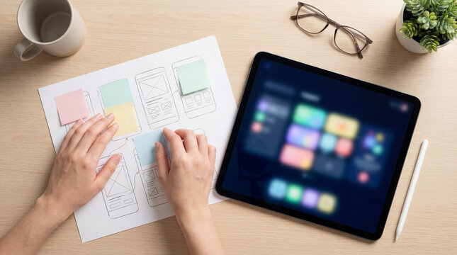 Designer hands arranging sticky notes on smartphone wireframes beside tablet showing user experience planning mobile app development workflow suited for campaigns about lifestyle wellness