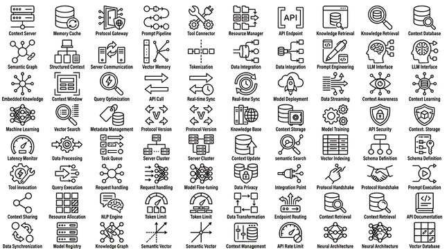 Detailed collection of black line art technical icons for software engineering systems on white background