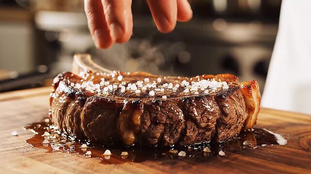 Chef seasoning a grilled tomahawk steak with salt. A chef sprinkles coarse salt over a grilled tomahawk steak on a wooden board.