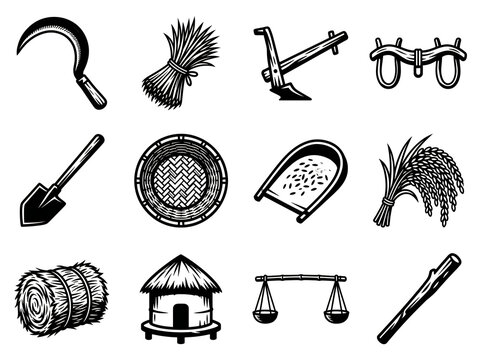 Collection of traditional rural agricultural tools and farming equipment icons in black and white style with industry