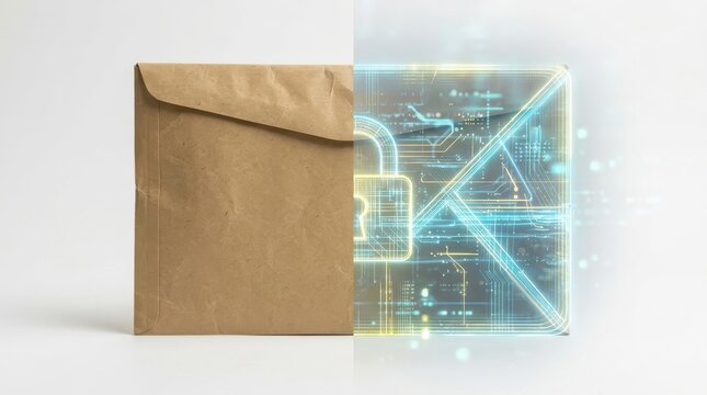 Mailing envelope transforming into a secure digital communication platform.