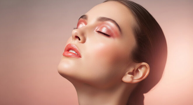 Close-up of a woman's face with glowing pink eyeshadow and glossy lips, symbolizing beauty, glamour, and makeup artistry.