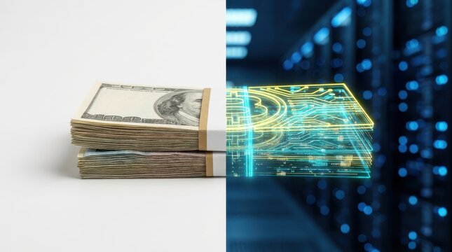 Physical Money Transforming into Digital Currency on Server Room Background