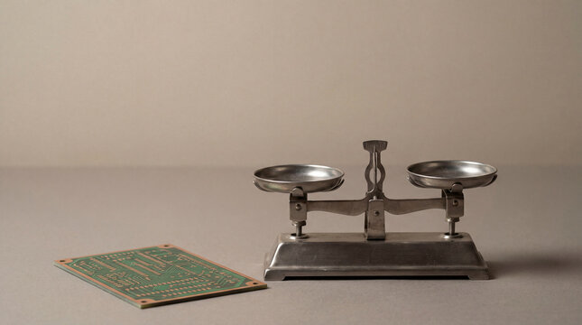 Vintage balance scale beside printed circuit board on neutral background representing technology ethics innovation regulation digital responsibility policy debate with clear visual