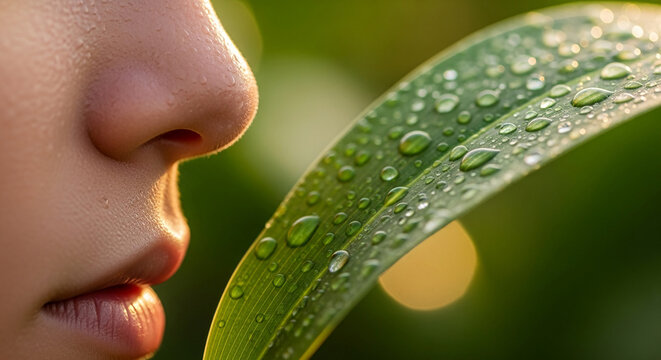 Close-up of a human nose and lips near a green leaf with water droplets, symbolizing nature's freshness, purity, and sensory experience