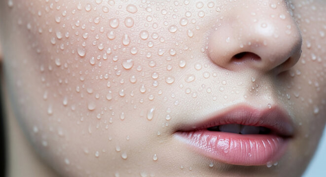 Close-up of moist human skin with visible water droplets, signifying freshness, hydration, and purity, perfect for beauty or wellness concepts.