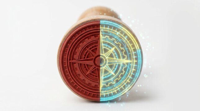 Wooden Rubber Stamp Split with Digital Compass Rose Design Concept
