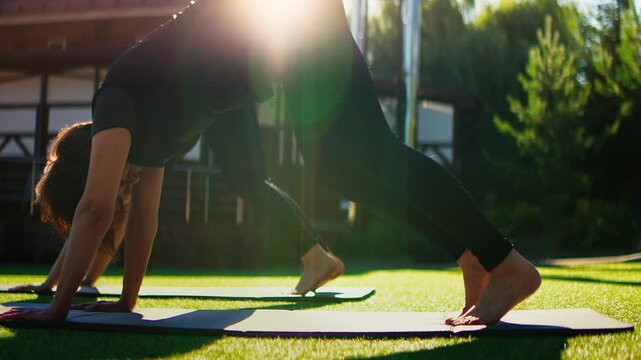 Elderly women practicing slow motion Pilates outdoors, holding downward poses on yoga mats in warm sunlight to improve balance, flexibility, and gentle core strength