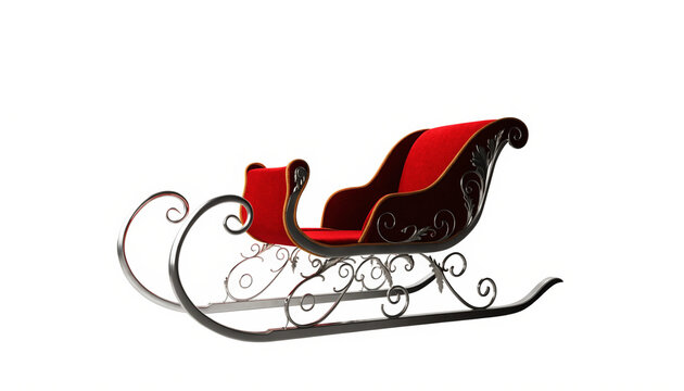 Elegant red velvet sleigh with ornate silver metal framework against a pure white background with isolated against clean white backdrop sharp studio lighting