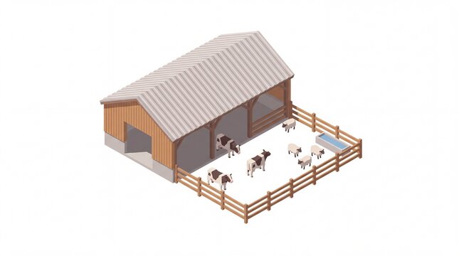 Isometric vector illustration of a modern farm building with cows and sheep in a fenced corral