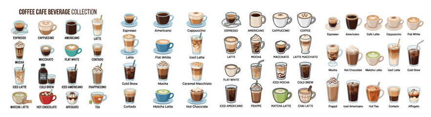Fototapeta premium Coffee cafe beverage collection flat vector for professional design, vector isolated on white