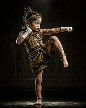 Young martial artist girl performing high kick in golden traditional costume against dark background, dynamic concept of childhood strength and discipline