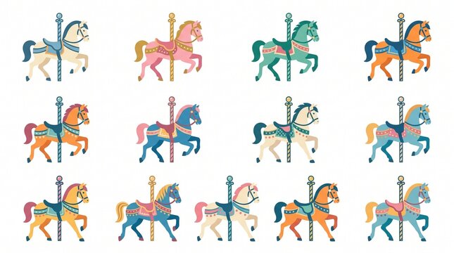 Carousel horse vector icon set. Colorful carnival ride animals for amusement park design.