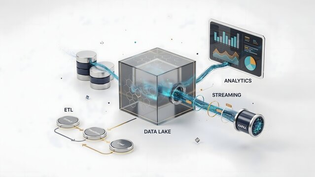 Modern data engineering architecture with central data lake &ndash; Ideal for ETL pipeline design, data warehousing, or enterprise IT.