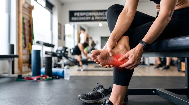 Foot Pain in Gym: Woman Massaging Arch After Workout